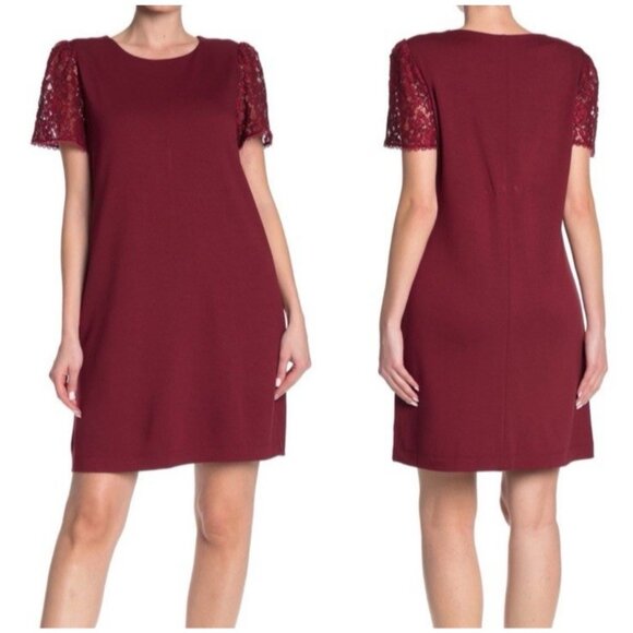 Draper James Dress Medium Burgundy Ponte Lace Puff Sleeves Washable - Picture 1 of 13